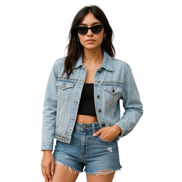 Good American Studded Boxy Denim Jacket Sz S | 90s Model Off-Duty It-Girl Staple - Picture 1 of 15